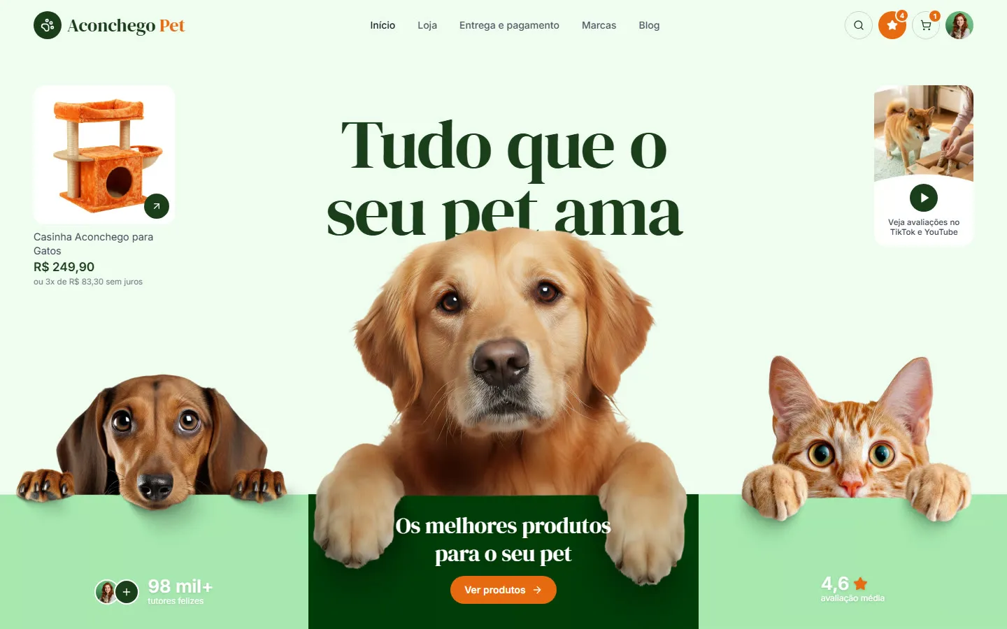 Página inicial do site Aconchego Pet, criado pela Vectra Digital